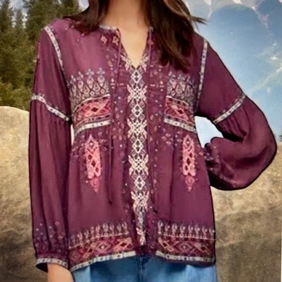JOHNNY WAS Biya "Deliza" Embroidered Silk Blouse: Wine Colored; SMALL; NWOT! - Picture 2 of 9